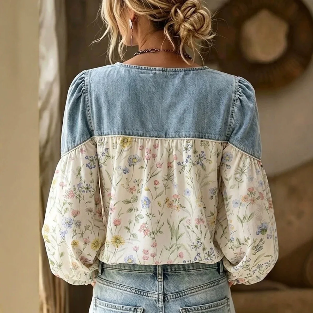 Cowboy Patchwork Shirt Deep V-neck Fluffy Long Sleeved Button Up Shirt With Floral Print Patch For Women Casual Street Date Top 4