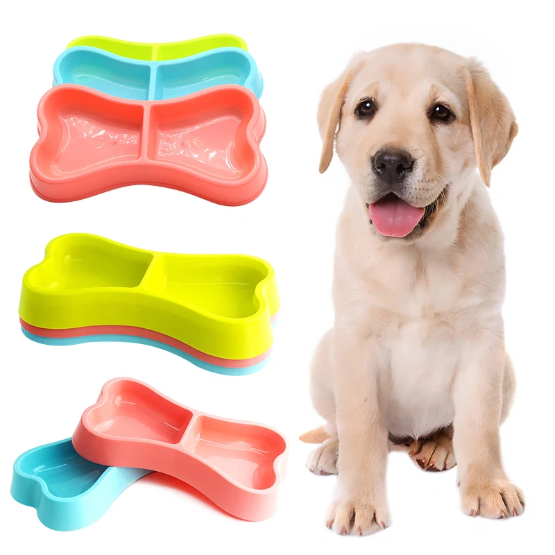 Home Dog Pet Feeder Bowls Safety Plastic Bowl Double Eating Drinking Bone Shaped Bowl Pet Dog Dish Feeder Feeding Tools