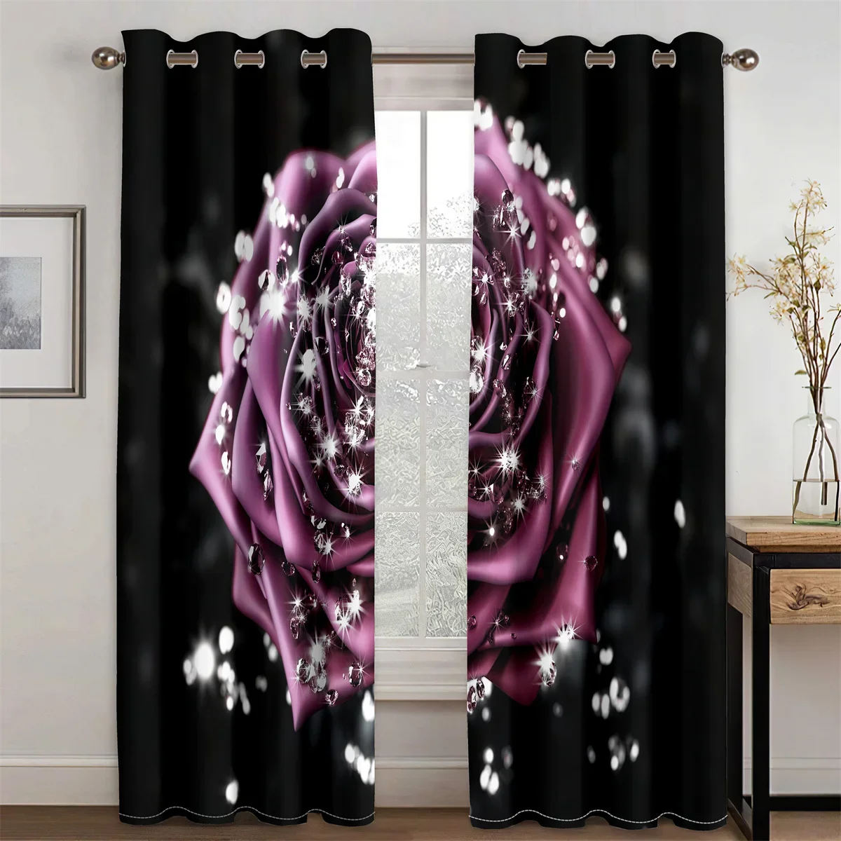 Cheap Black Purple Rose Flower Diamond Design Two Thin Window Curtains for Living Room Bedroom Home Decor 2 Pieces Free Shipping