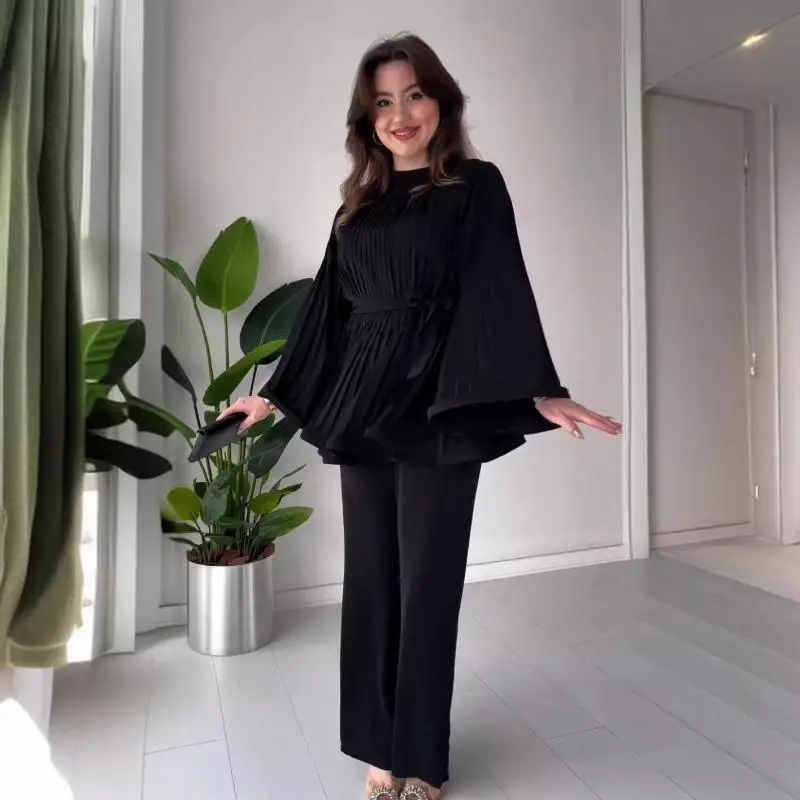 2024 Woman Clothing Sets Leisure Commute Set Loose Pants And Elegant Top Flare Long Sleeves Round Neck Pleated Clothes