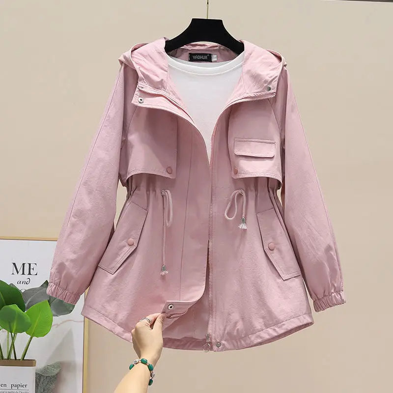 Spring Autumn Trench Coat Hooded Zipper Windbreaker Loose Casual Windproof Jacket Adjustable Waist Overcoat Female Coats Outwear