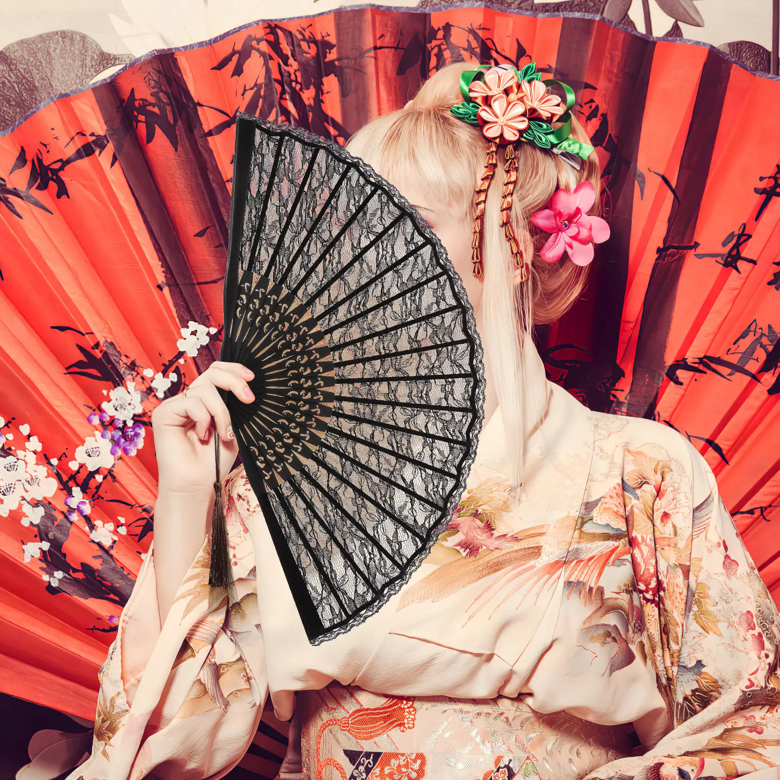 Black Lace Folding Fan Bamboo Hand Embroidered Floral Pattern Tassel Pendant Women Decoration Wedding Party Favor Spanish