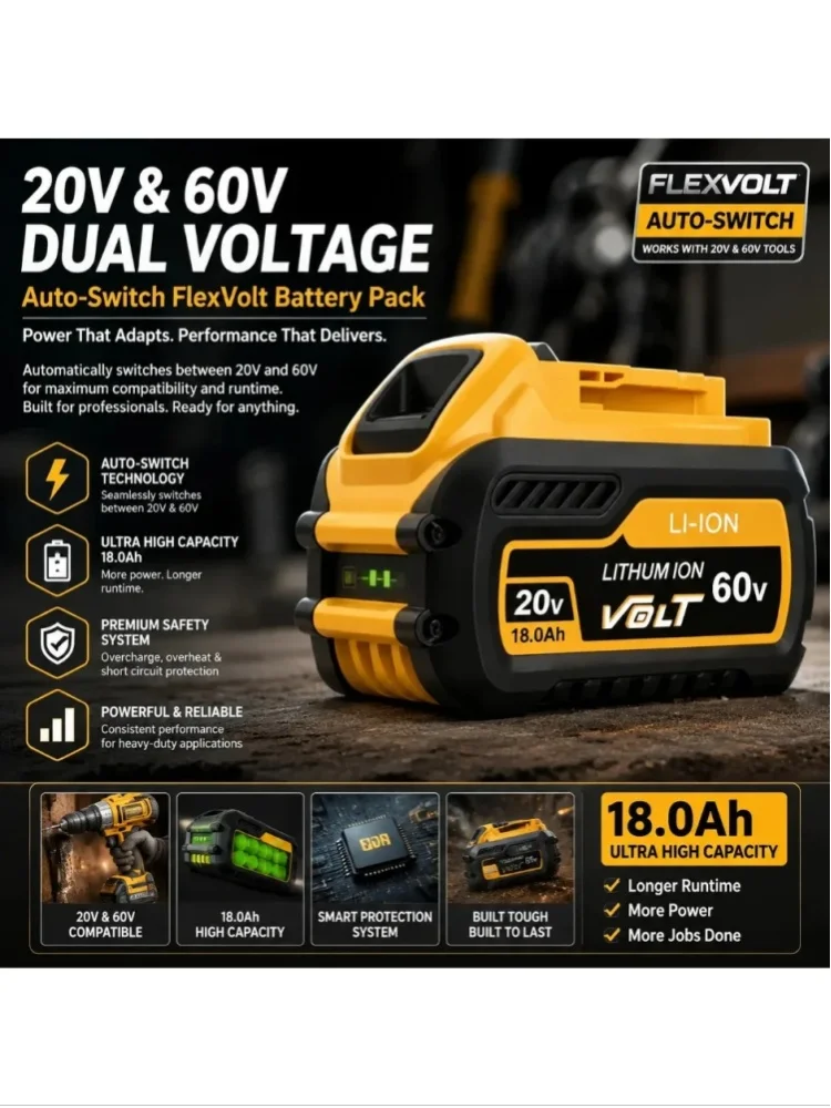 FlexVolt 18,0Ah 20V-60V Auto-Switch Lithium-Ionen-Akku, Hochleistungs-Ersatzakku für schwere Elektrowerkzeuge, Rasen- und Gartengeräte