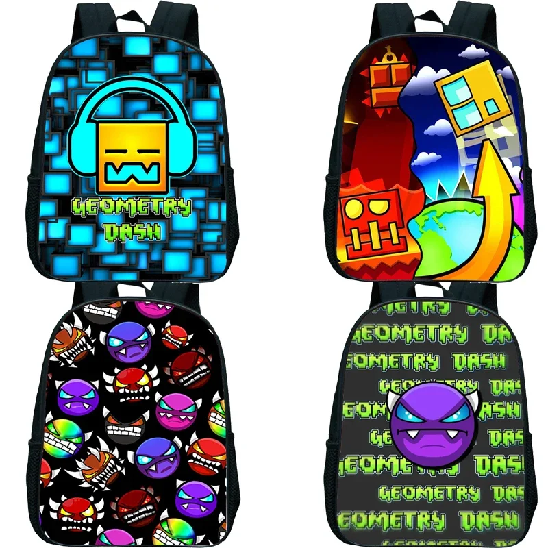 

12 Inch Angry Geometry Dash Print Backpack Kids School Bags Waterproof Kindergarten Bag Pack for Preschool Boys Girls Bookbags