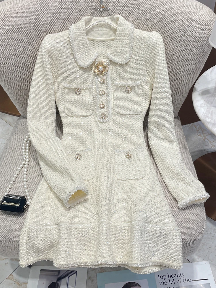 

Autumn Winter Beaded Flower Diamonds Knitting Sweater Dress Women Long Sleeve Short Knitwear Knitted Prom Evening Dresses Beige