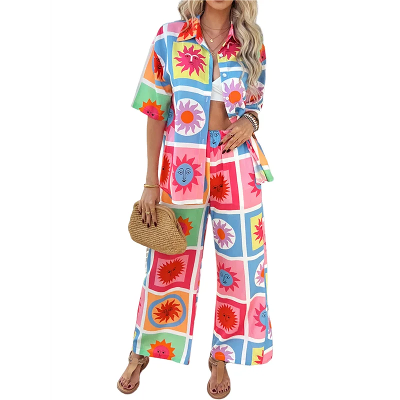 

ASDS-женская рубашка на пуговицах с короткими рукавами, топы с принтом, шорты для отдыха, летний пляжный спортивный костюм, комплект из 2 предметов