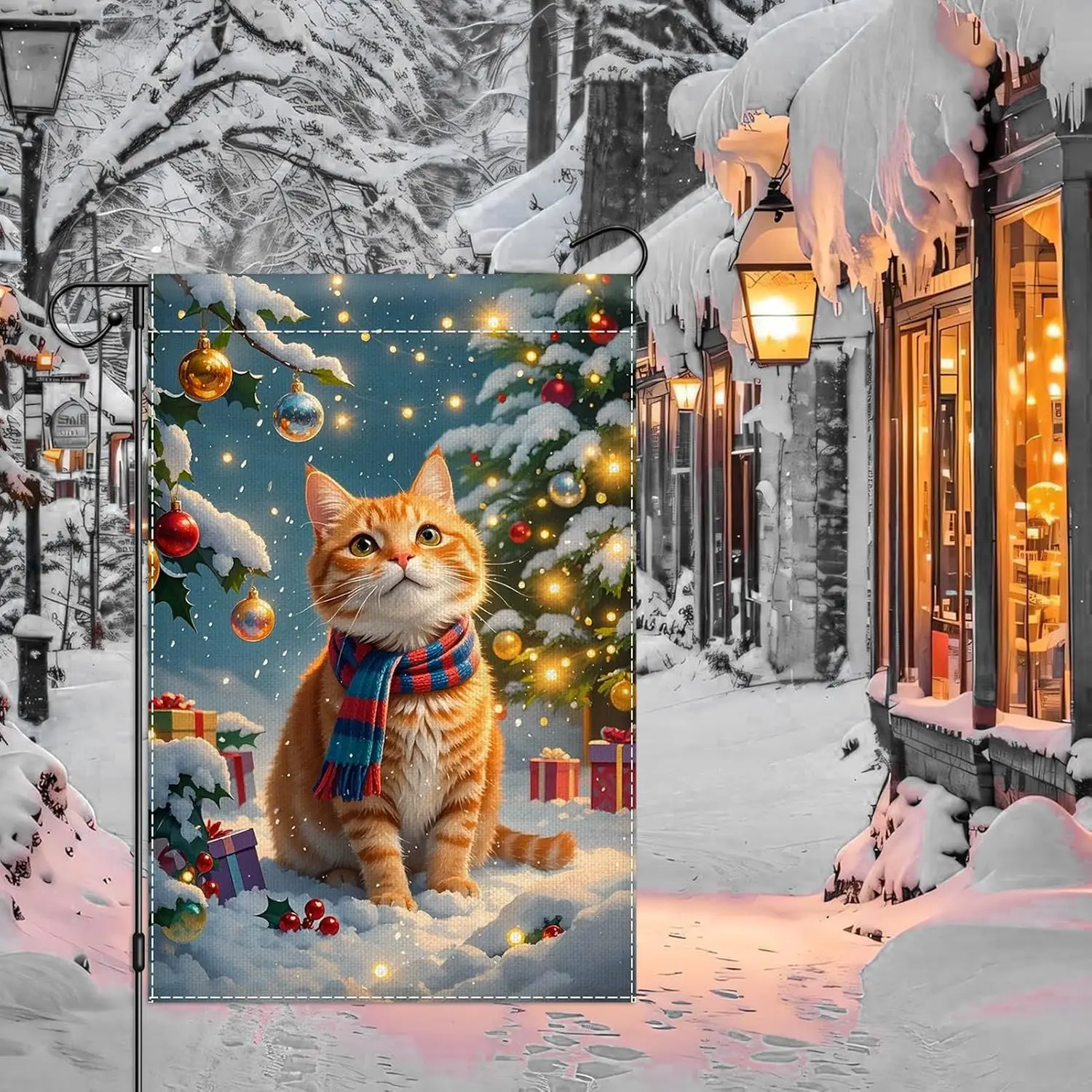 Winter Christmas Garden Flag 12x18 Double Sided, Cute Cat Garden Flags for Outside, Snow Small Burlap Yard Flag for Winter H PPM