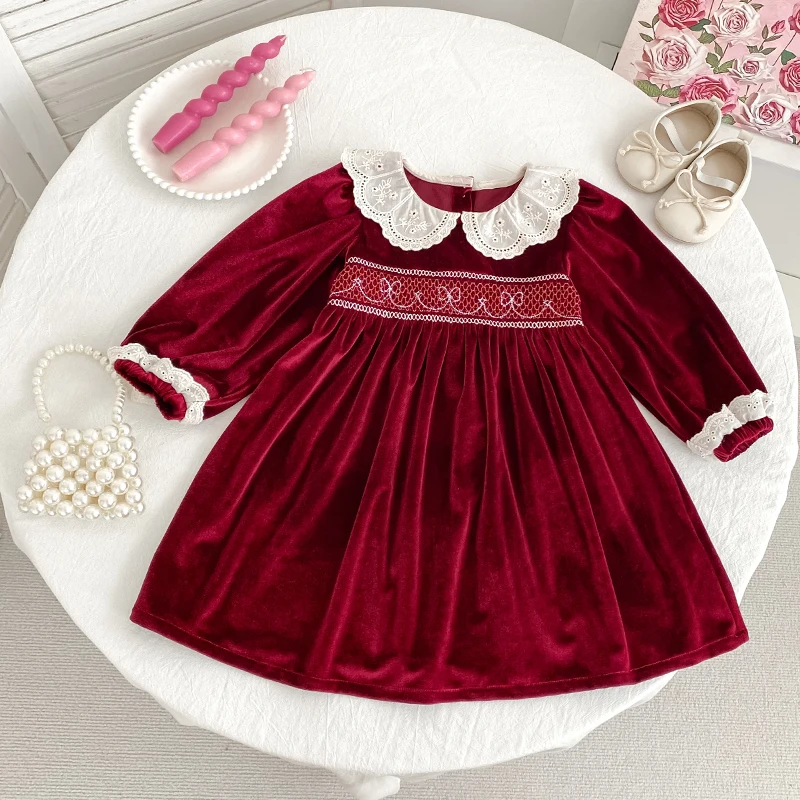 New Years Princess Dress New Christmas Party Dress Kids Baby Girls Lace Collar Red Baby Girls Dress Kids Christmas Clothes Dress