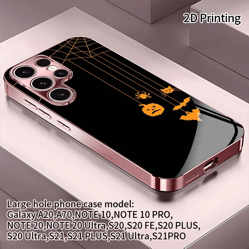 A simple design of electroplated glass with a pattern of Halloween small elements, suitable for Samsung Galaxy S25, S24, S23FE