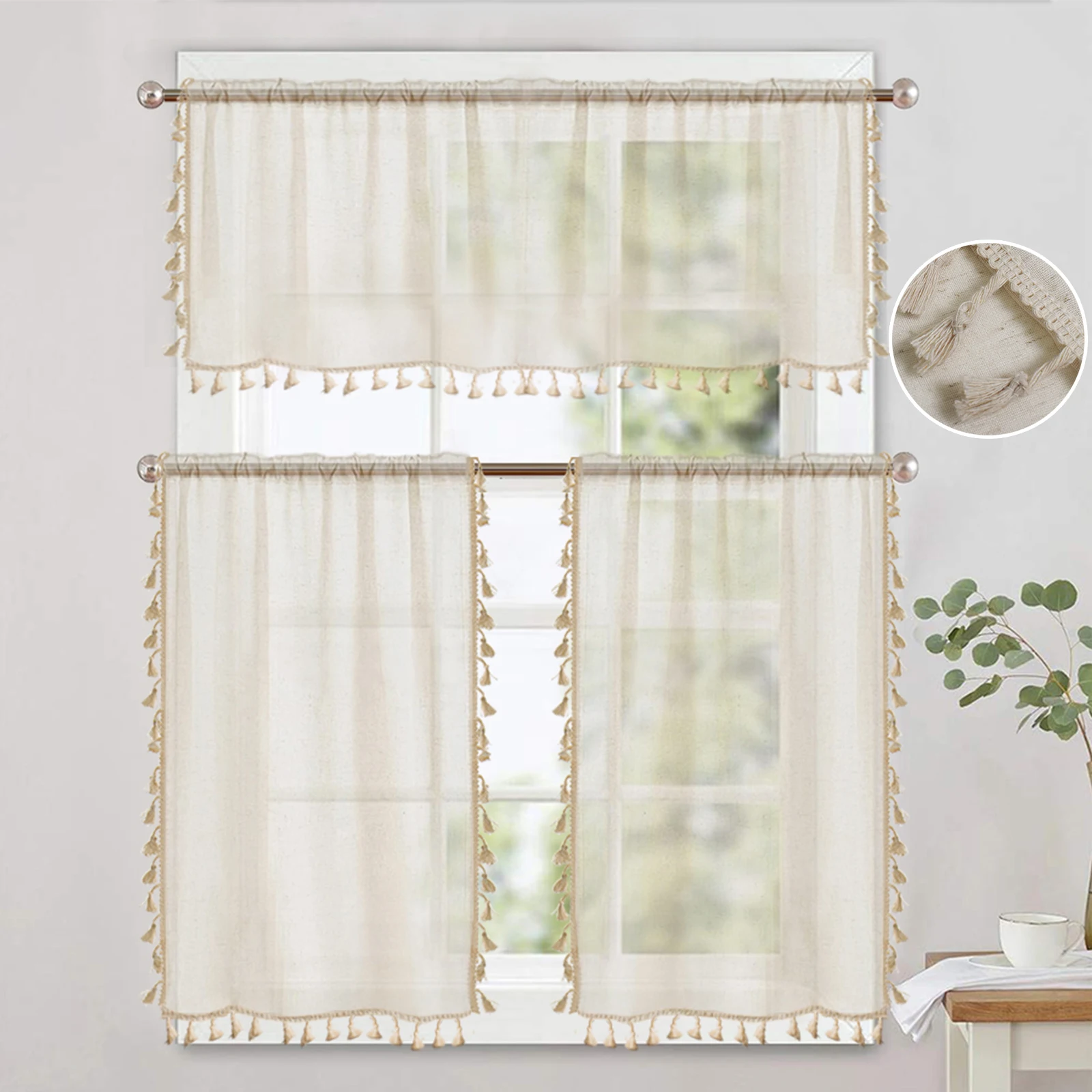 1/2 Panels Boho Kitchen Curtains Sheer Tier Curtains Tassels Linen Short Valance Rod Pocket for Small Window Bathroom Bohemian