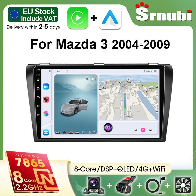 Autoradio multimédia Srnubi pour Mazda 3 2004-2009 2Din Android 14 avec Carplay, Android Auto, GPS, RDS, DSP, commande au volant, ventilateur de refroidissement et cadre