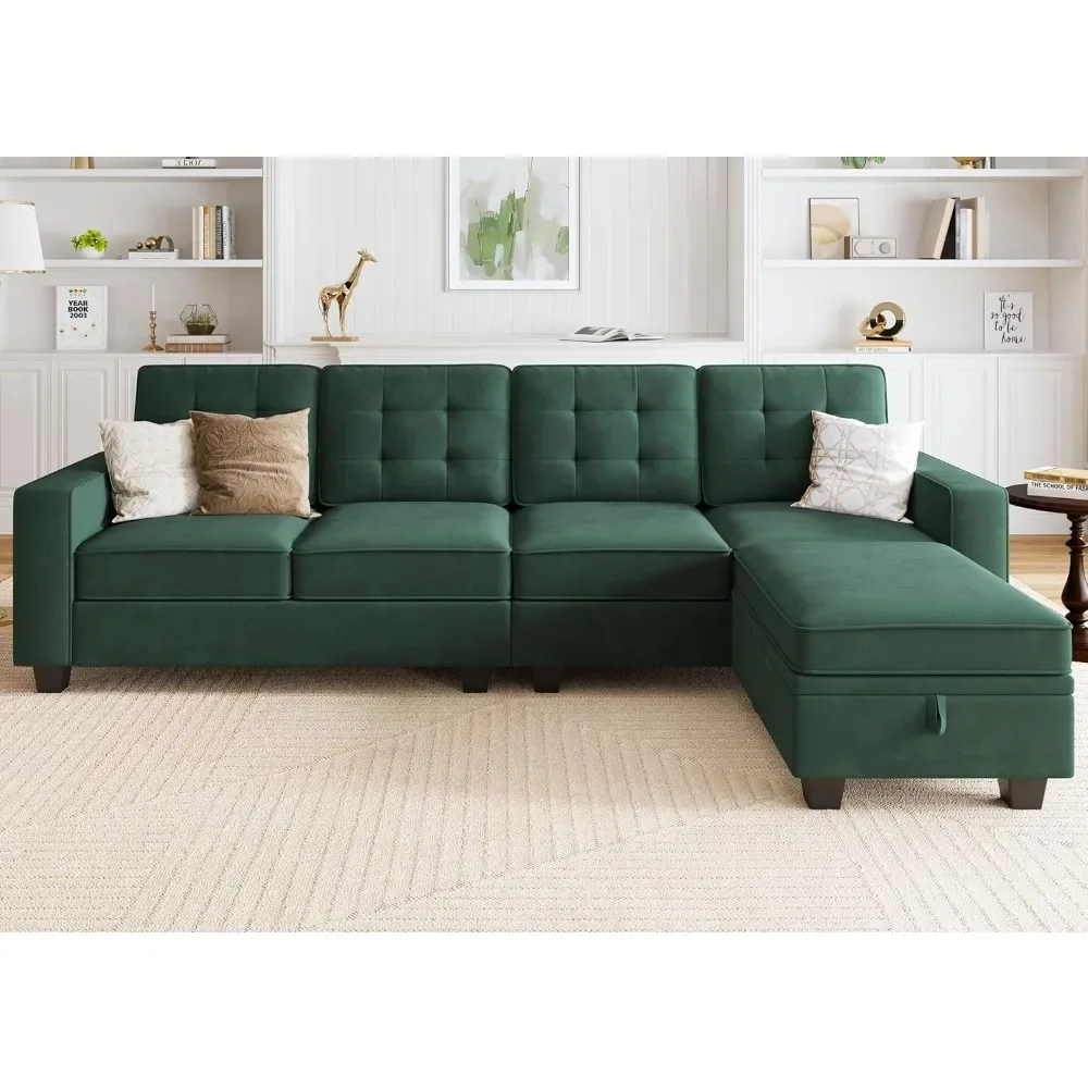 

L-shaped segmented velvet 4-seater segmented sofa with reversible lounge chair, for living room, green