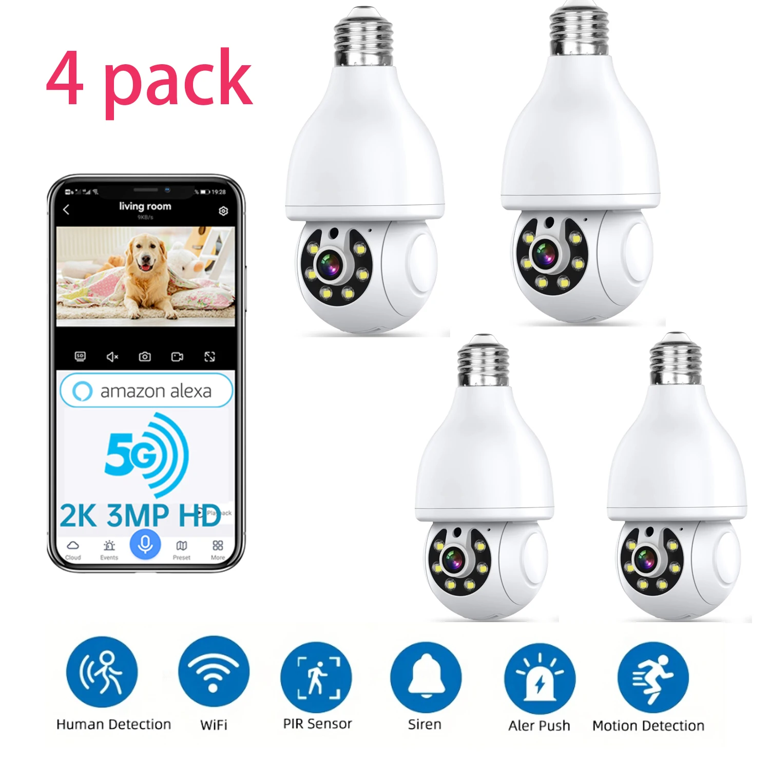 

[4Pcs] 2K Light Bulb Security Camera, 2.4g Wi-Fi, Motion/Sound/Light Alarm, 2-Way Audio, Alexa, Easy Install, Indoor/Outdoor