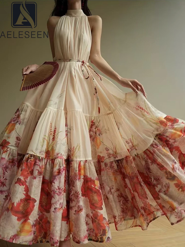 

AELESEEN Women Sexy Elegant Bohemian Beach Party Dress Summer Loose Sleeveless Printed Flower Printed Loose A-line Vest Dress