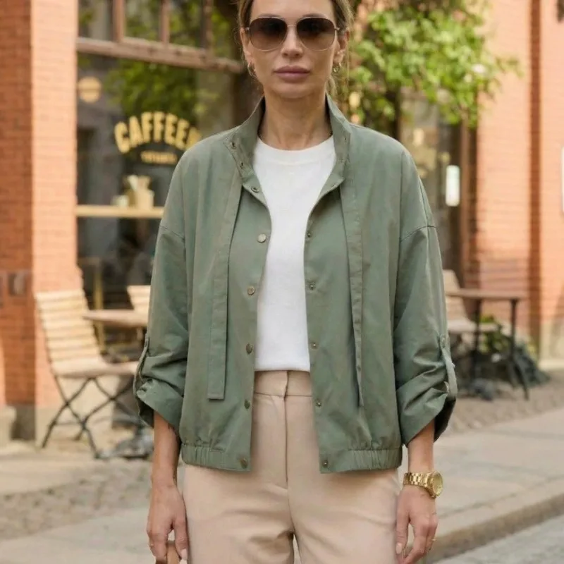 Women's Army Green Stand Collar Cropped Cargo Jacket, Spring Autumn Loose Drop Shoulder Casual Coat with Decorative Straps