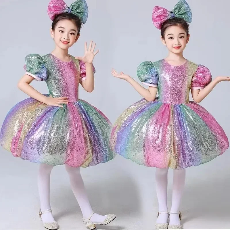 

Платье-пачка для девочек с радужными пайетками, детский костюм для современного хип-хопа и джазовых танцев, сценический костюм для девочек