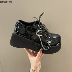 2024 Women's Platform Pumps Punk Lace Cute Sweet Patent Leather Mary Janes Shoes Retro Rivets Lolita Students Black Girls Shoes