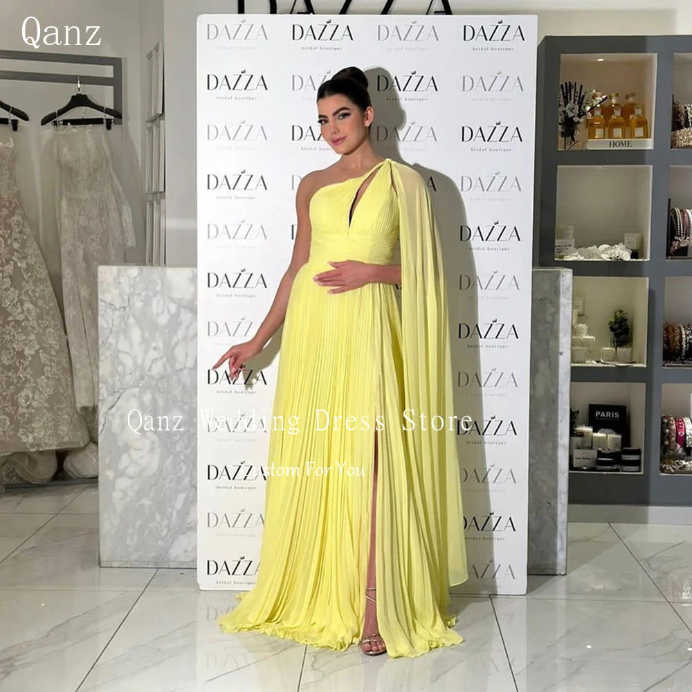 

Qanz Yellow Chiffon Evening Dresses One Shoulder Formal Occasion Dress High Slit Open Back Long A Line Party Gown Customized