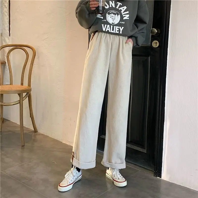 Korean Fleece Wide Leg Pants Female Autumn Winter New Preppy Style Straight Loose Elastic Waist Casual Trousers All-match Pants