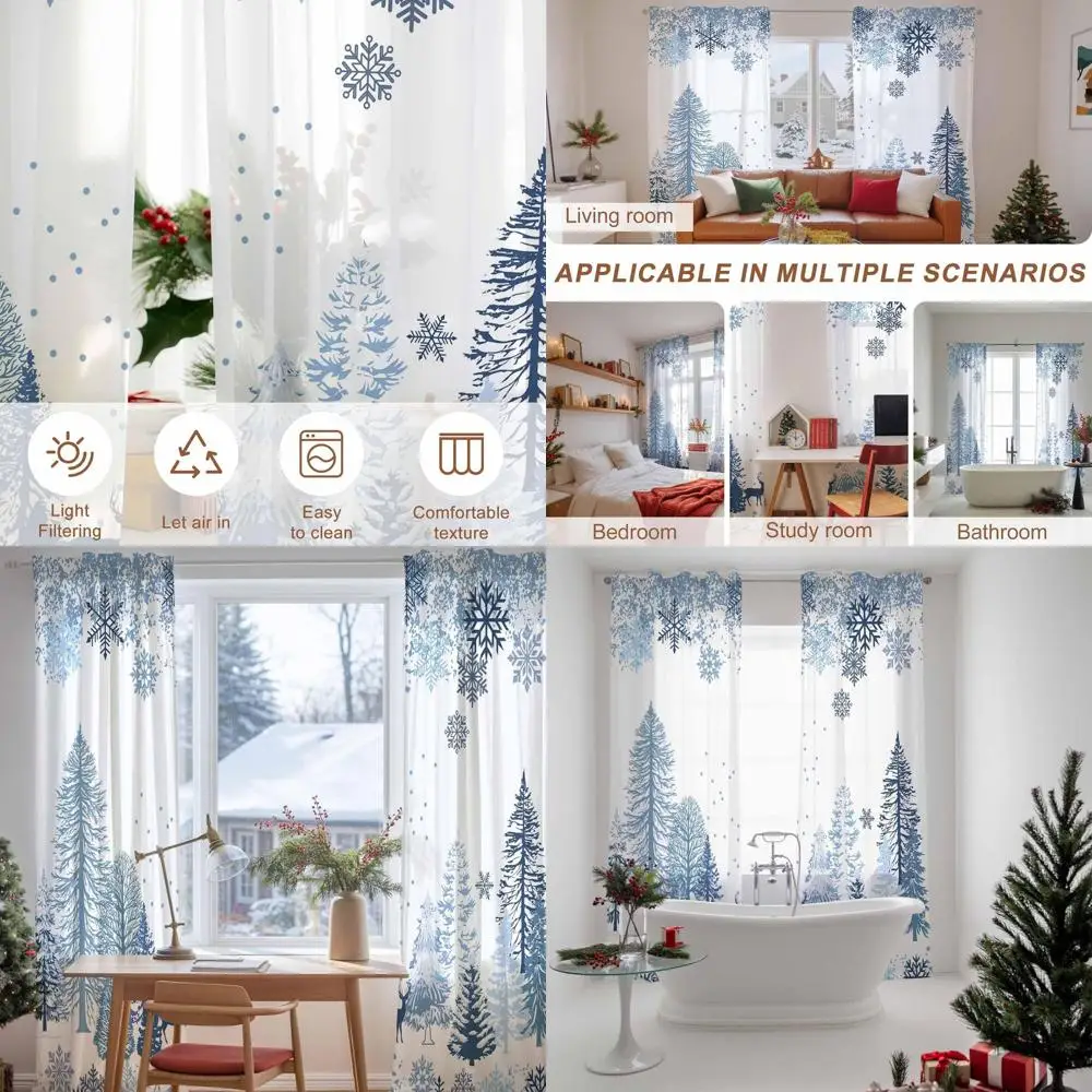 

Blue Snowflake & Elk Semi-Sheer Christmas Curtains, 52x84in, 2-Panel Set for Winter Bedroom Decor