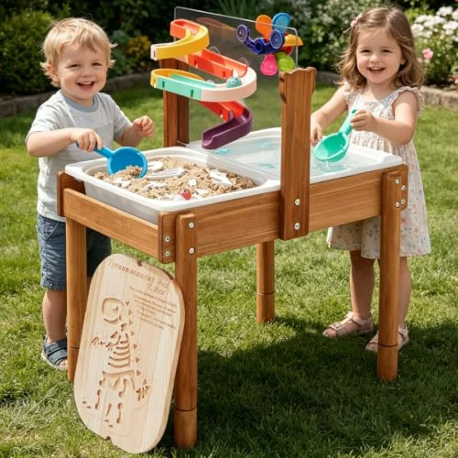 

Outdoor sand and water table for toddlers: 4-in-1 wooden sensory activity table with collapsible bins, acrylic board, dinosaur