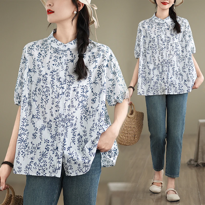 

Coigarsam Shirt Womens Tops Summer 2024 Office Lady Korea Style Short Sleeve Loose Floral Print O-Neck Straight Women Shirts