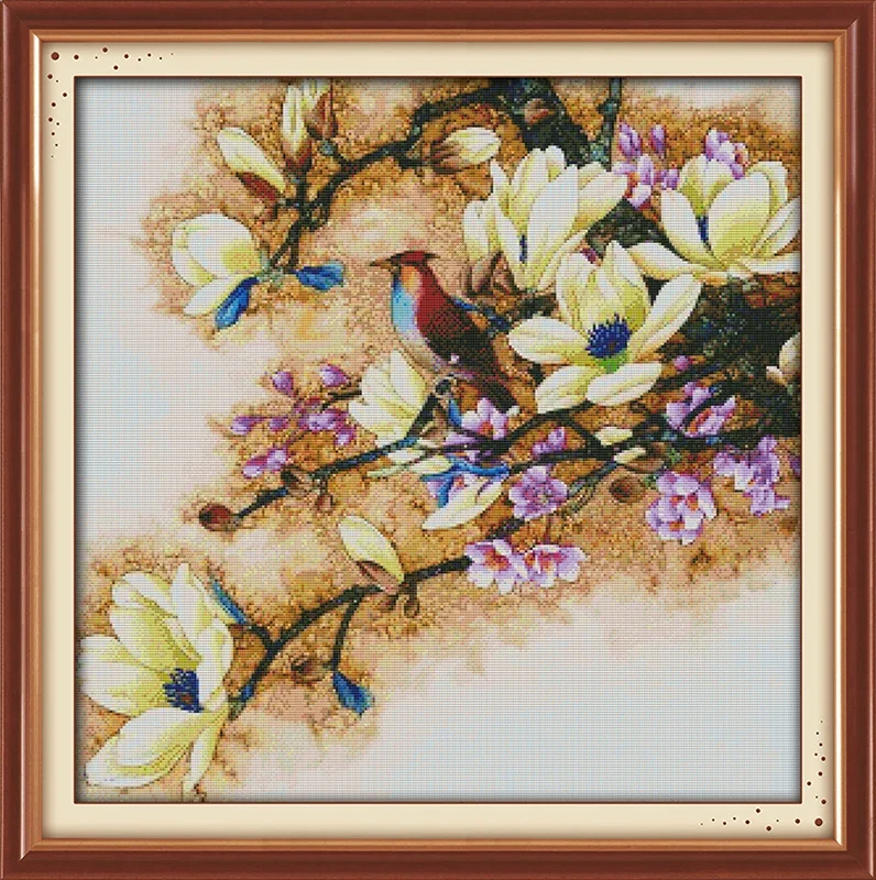 Joy Sunday New Printed Cross Stitch Kit  Easy Pattern Aida  Stamped Fabric Embroidery Set-The Beautiful Yulan Magnolia