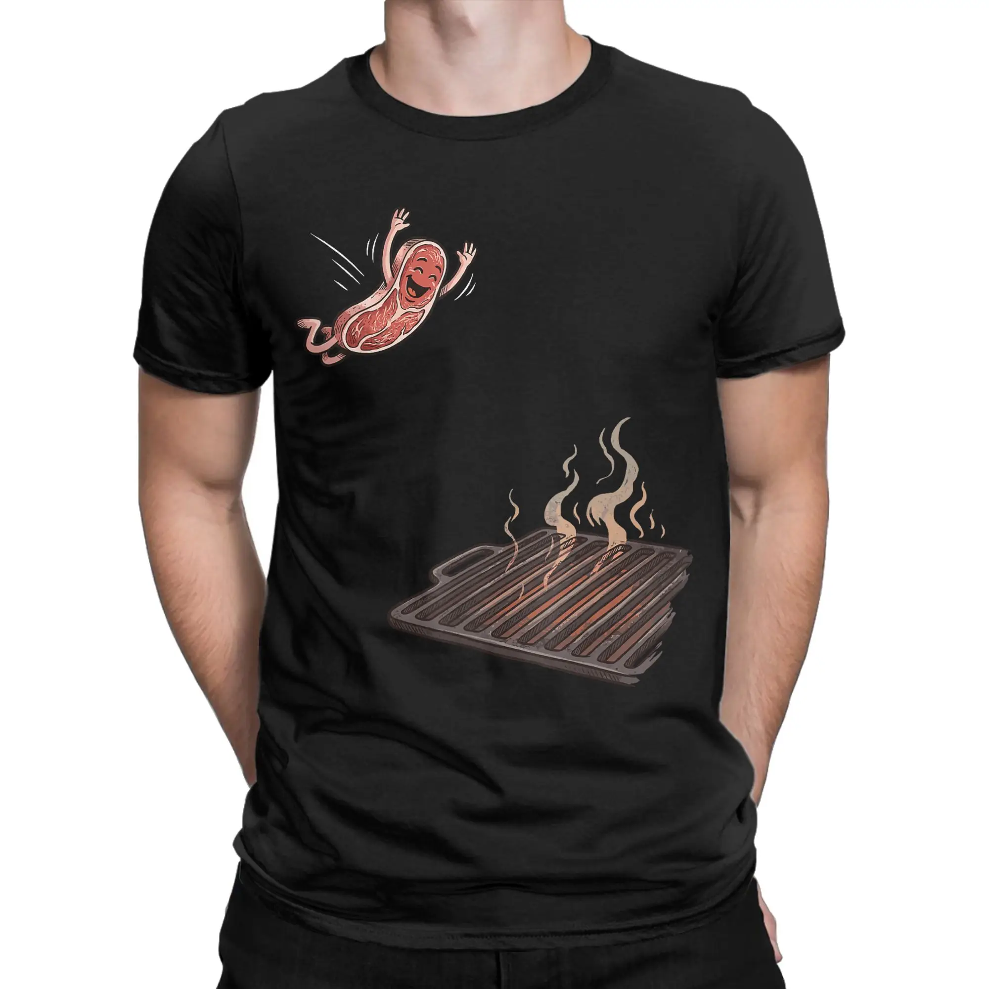 BBQ Steak Meme Cute Meat Jumping Into Grill Men's T Shirt  Fun Tee Shirt Short Sleeve Round Neck T-Shirts Cotton 4XL 5XL Tops