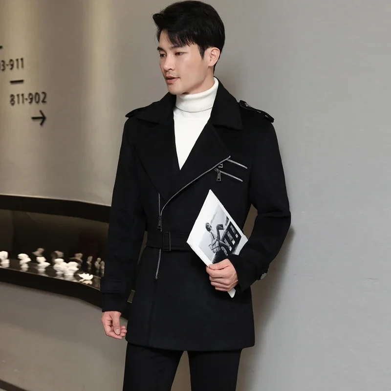 CHAOJUE Brand High Quality Wool Coat British Mens Medium Length Zipper Black Woolen Coats Male Causal Business Outwear Sales