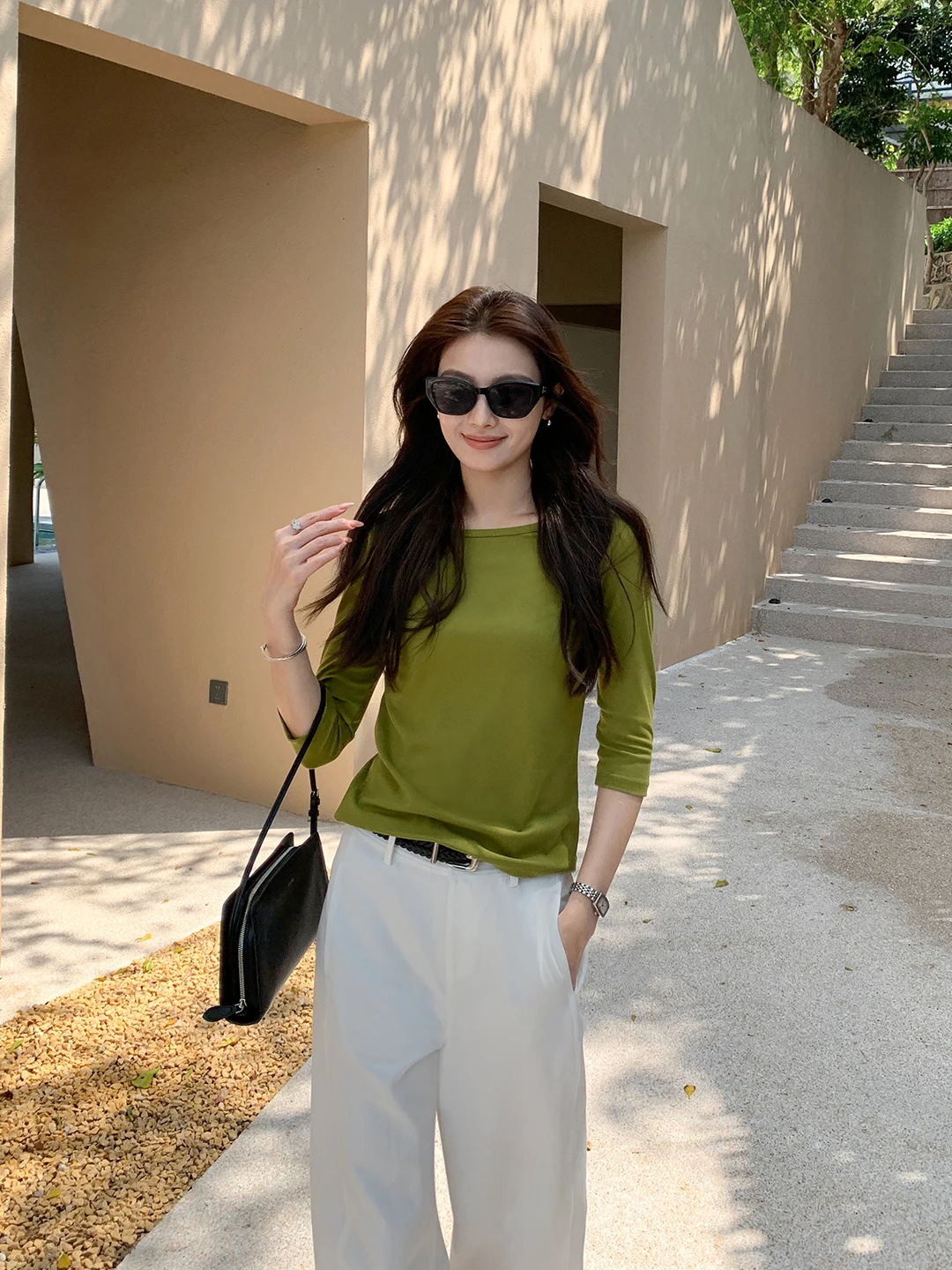 

Maven Lin Casual Loose Mid-Sleeve T-Shirt Women's Seven-Sleeve Boat Neck Simple Style Comfortable Fit Summer Fashion Top