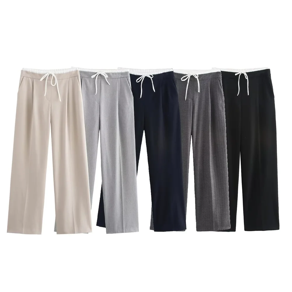 Outono novo produto feminino rendas até dobrado cintura alta tubo reto emenda dupla camada cintura calças largas perna