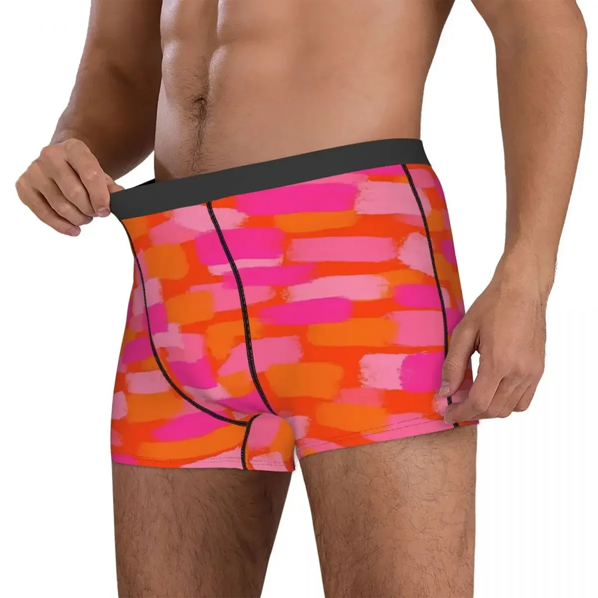 Boxer Underpants Shorts Abstract, Pink And Orange, Paint Brush Effect Panties Male Breathable Underwear for Homme Man Boyfriend