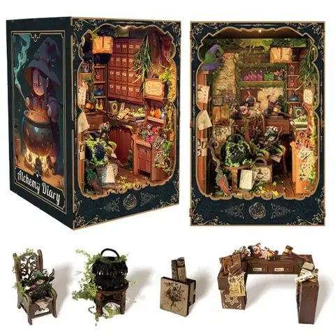 3D 퍼즐 북 구석 연금술 일기 나무 미니어처 모델 북엔드 키트, 조명 홈 장식, DIY 책장, 성인 생일 선물