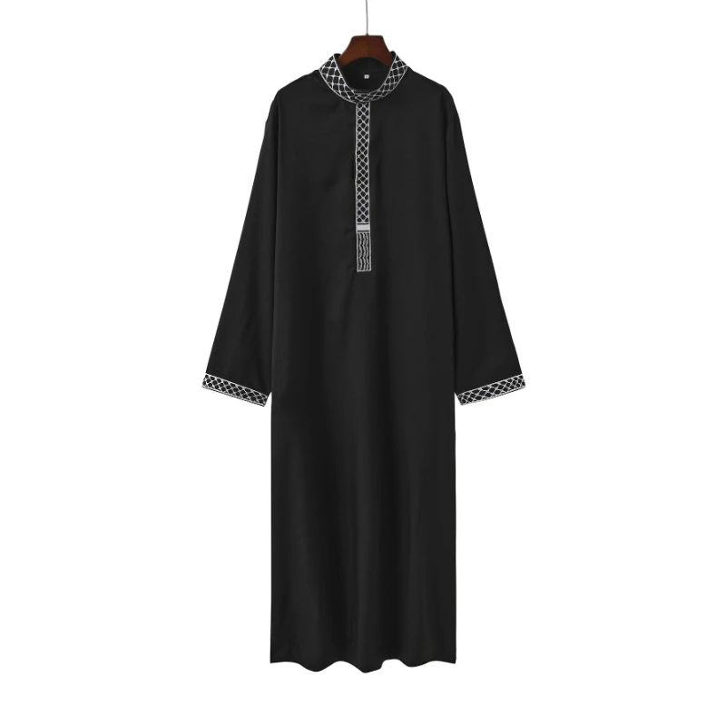 Middle Eastern Men's Black Robe Long Sleeve Embroidered Jubba Thobe Islamic Loose Saudi Muslim Traditional Caftan Prayer Clothes
