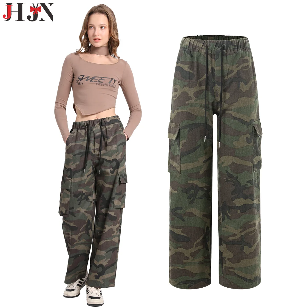 JHJN Camouflage Women Cargo Pants Grunge Elastic Waist Hip Hop Sweatpants Unisex Joggers Trousers Retro Pockets Wide Leg Pants