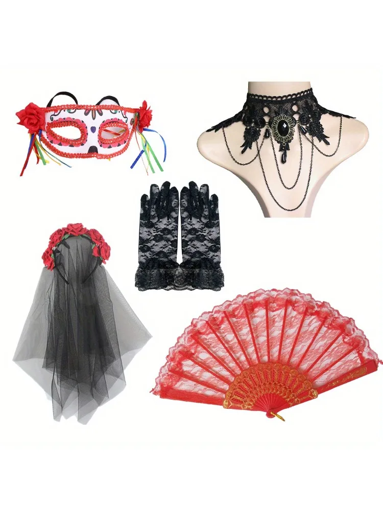 

Complete Day of the Dead costume accessories Halloween Dia De Los Muertos Women's mask masquerade ball headpiece veil