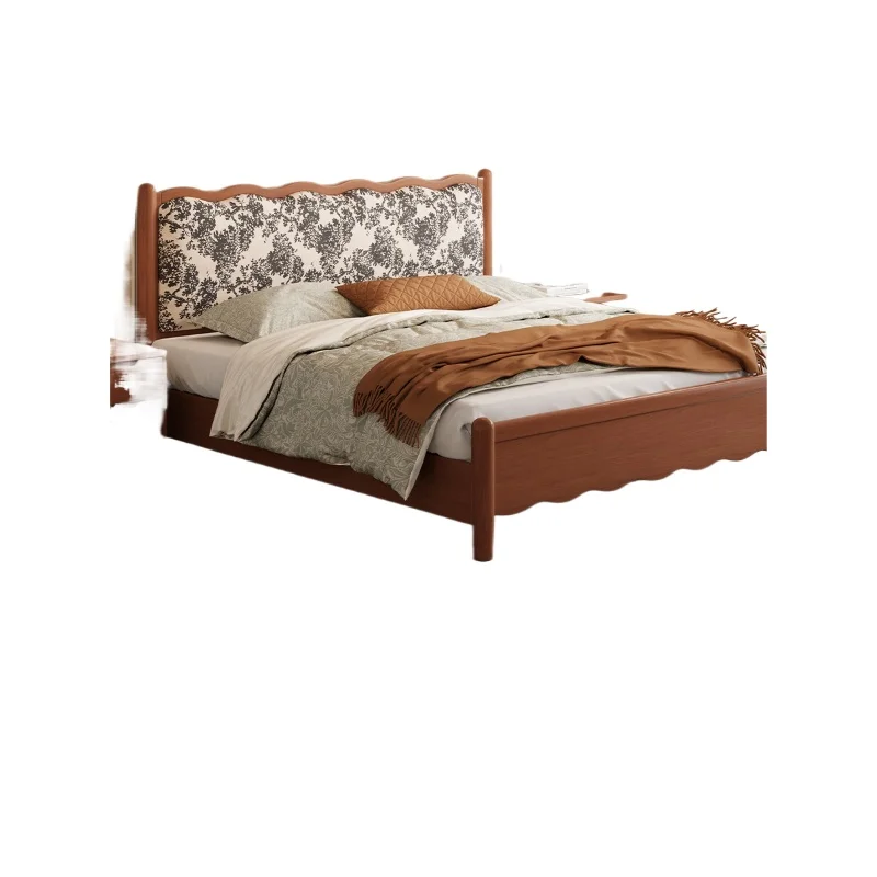 

French vintage jacquard upholstery bed Nordic medieval style master bedroom solid wood bed