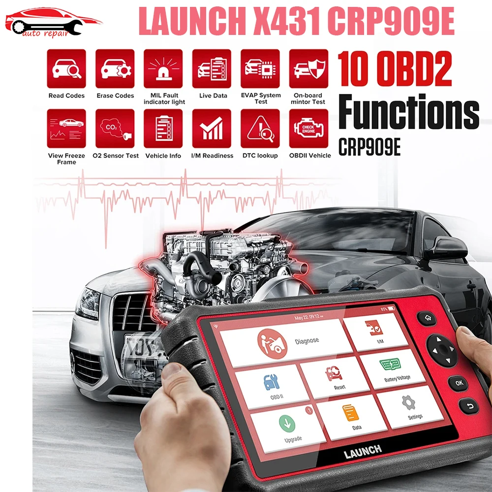 

LAUNCH X431 CRP909E OBD2 Professional Diagnostic Tool Full System A/F TPMS DPF 26 Reset for Car TPMS IMMO OBD2 Scanner Code Read