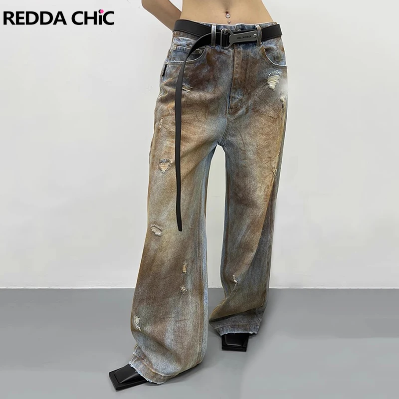 Reddic jins Baggy biru cuci kotor untuk wanita ikat estetika pewarna robek pinggang tinggi kaki lebar celana Boyfriend ukuran besar Y2k Streetwear