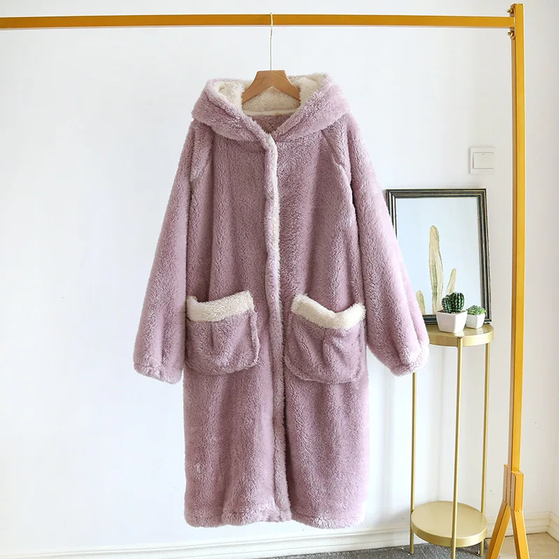 Thickened Coral Fleece Hooded Sleepwear Kimono Bathrobe Gown Winter Women Robe Nightgown Loose Warm Flannel Nightdress Home Wear