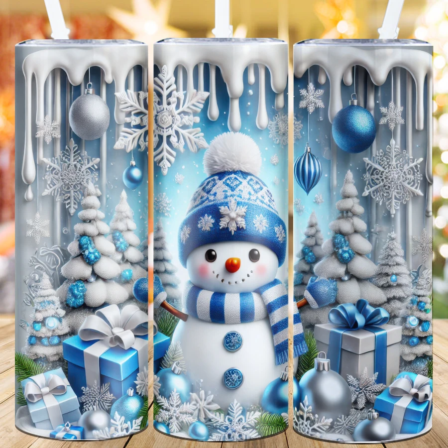 1Pc Christmas 3D Print Snowman Party Coffee Bottle Straw & Lid 20oz Stainless Steel Skinny Mug Festive Gifts Christmas Party Mug