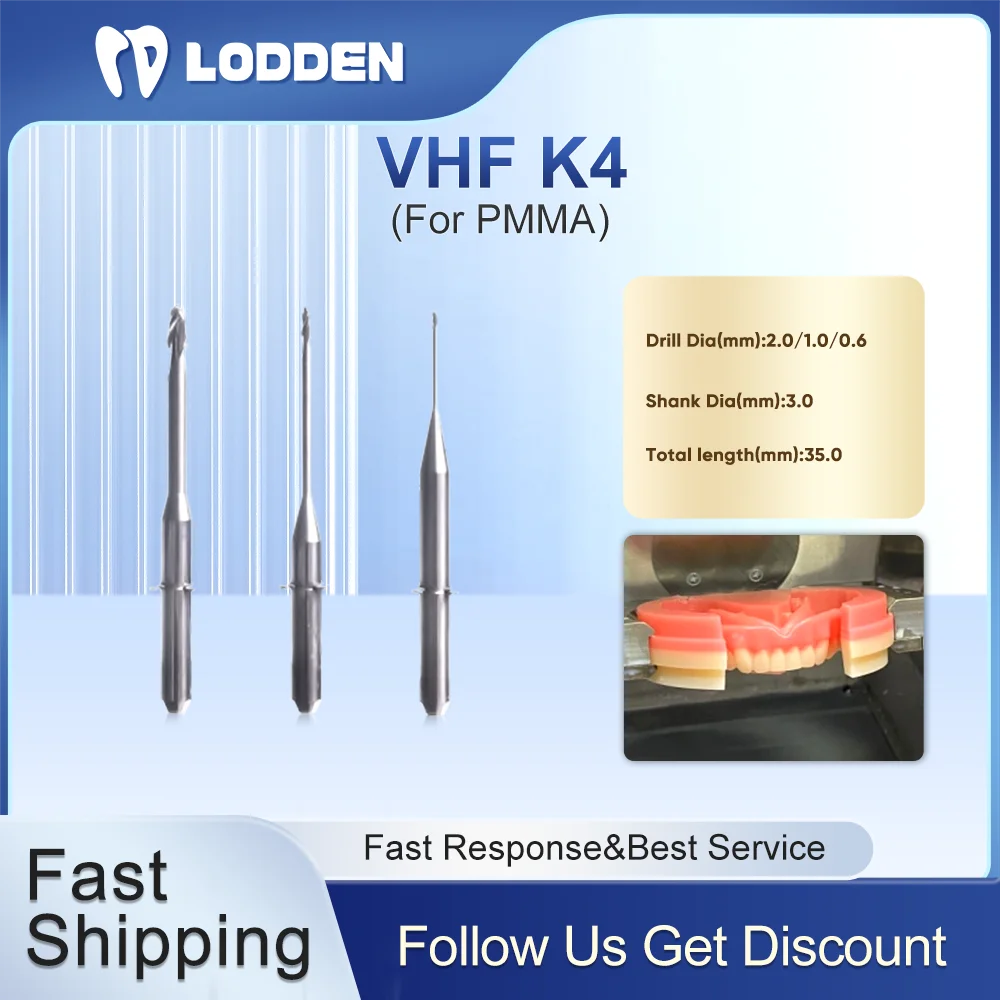 

VHF K4 Dental Milling Burs for Grinding PMMA NC Coating D3 Drill Diameter 0.6/1.0/2.0mm Total 40mm Dental Lab Griding Tools