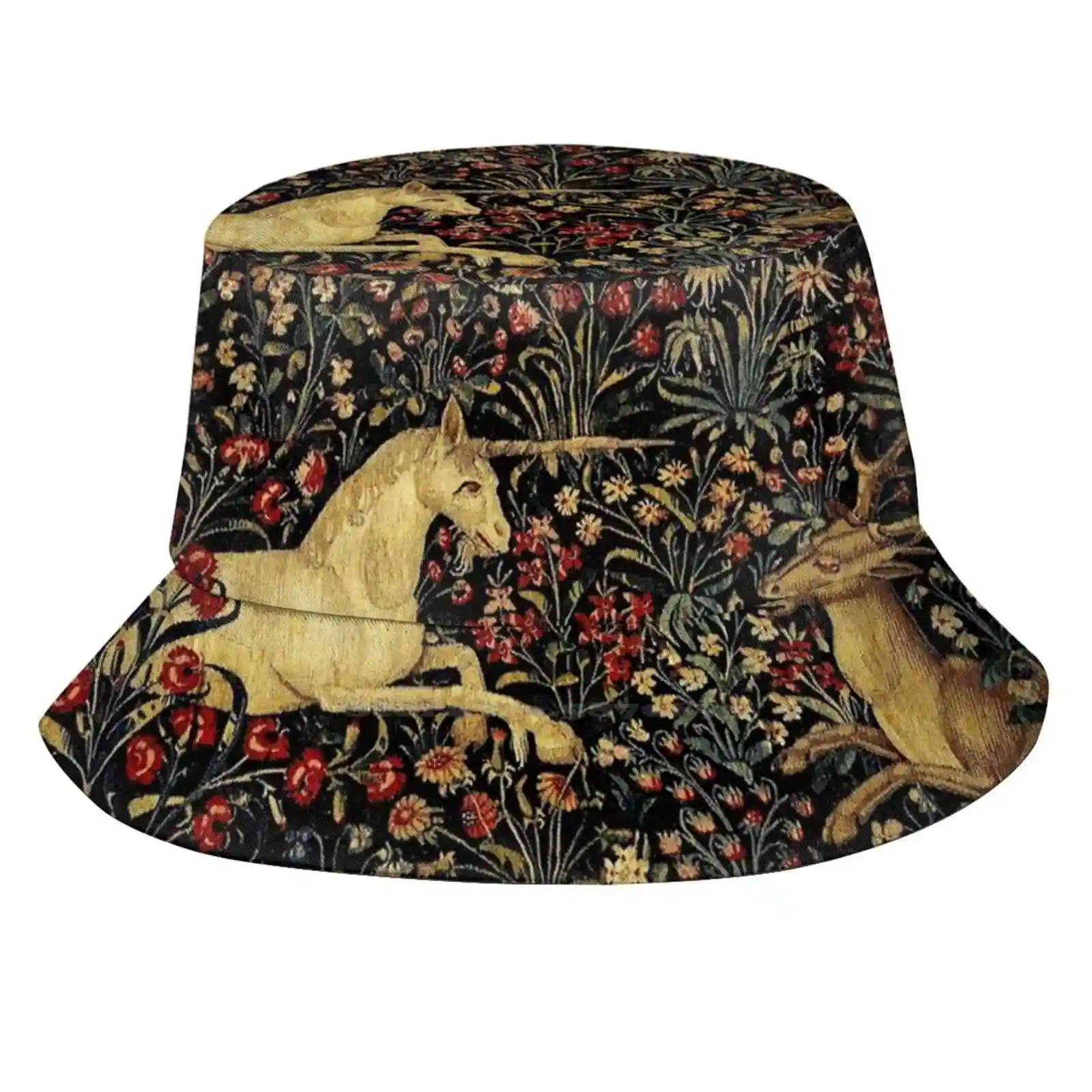 Medieval Unicorn Midnight Floral Tapestry Fisherman's Hat Bucket Hats Caps Fantasy Black Floral Mythological Horse Mythical