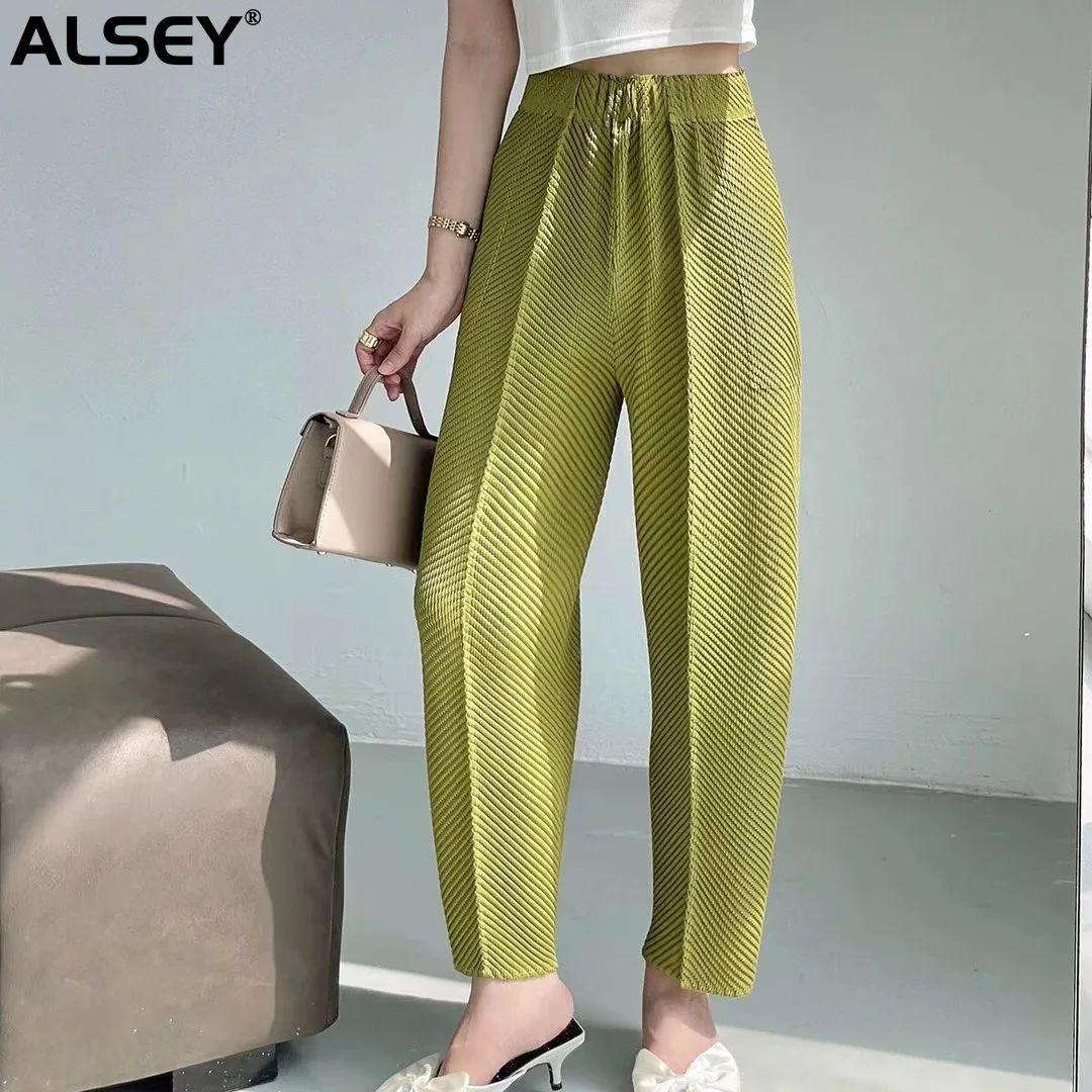 ALSEY Miyake Fish Scale Pleated Wide Leg Trousers for Women Spring Summer Autumn New High Waisted Loose Casual Nine Minute Pants