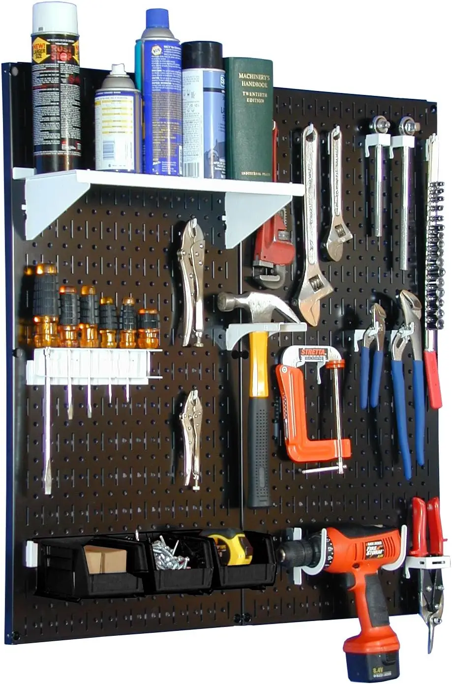 Wall Control Metal Pegboard Utility Tool Storage Kit with Black Pegboard and White Accessories