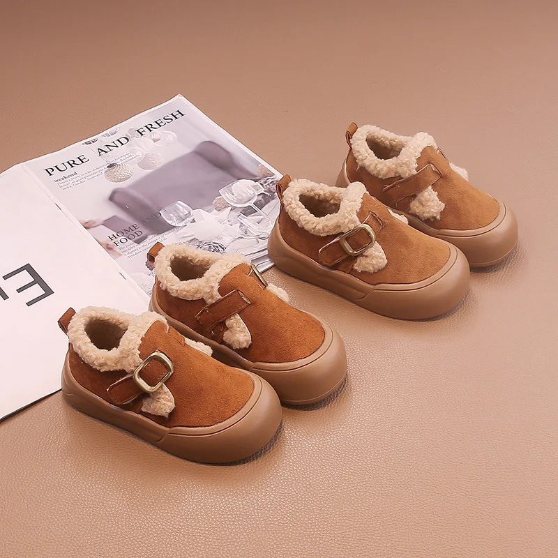 

Winter Fur Boots for Children PU Leather Vintage Kid's Snow Boots Anti-slippery Boy's Girl's Cotton Shoes Winter Warm Boots