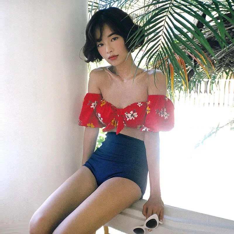 

New Sexy Floral Padded Bikinis Two Pieces Swimsuit Women Swimwear Beach Wear Bathing Suits Korean High Waist Bikini Set 2024