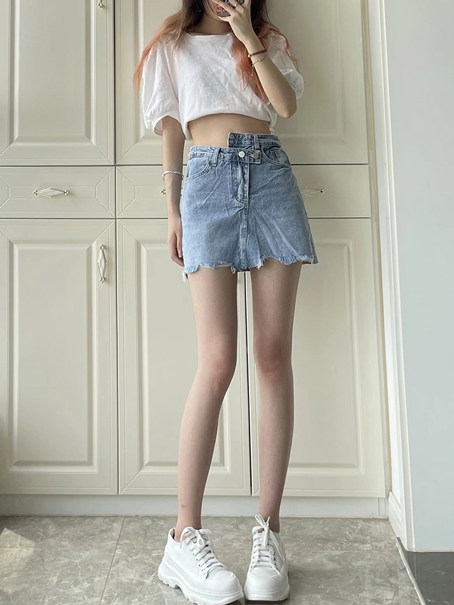 

Summer INS A-Line Skirt High Waist Cotton Blend Denim Asymmetrical Tear Women's Skirts Fre Sle ort Skirt