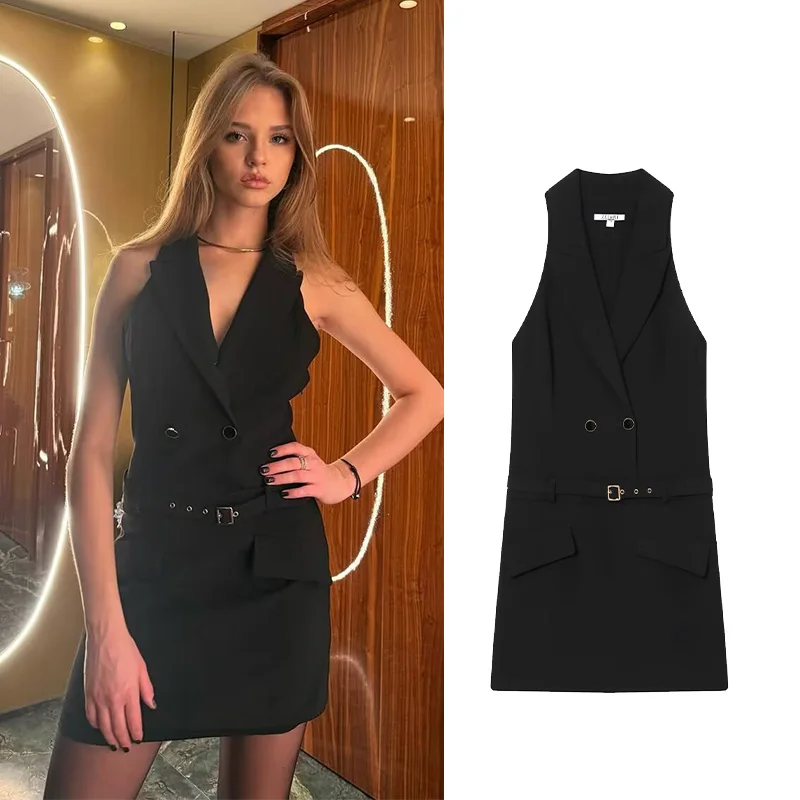 女性ミニブレザーエフェクトドレスベルト付き秋ホルターネック女性のドレスダブルブレストロングドレスオフィスレディ女性ドレス