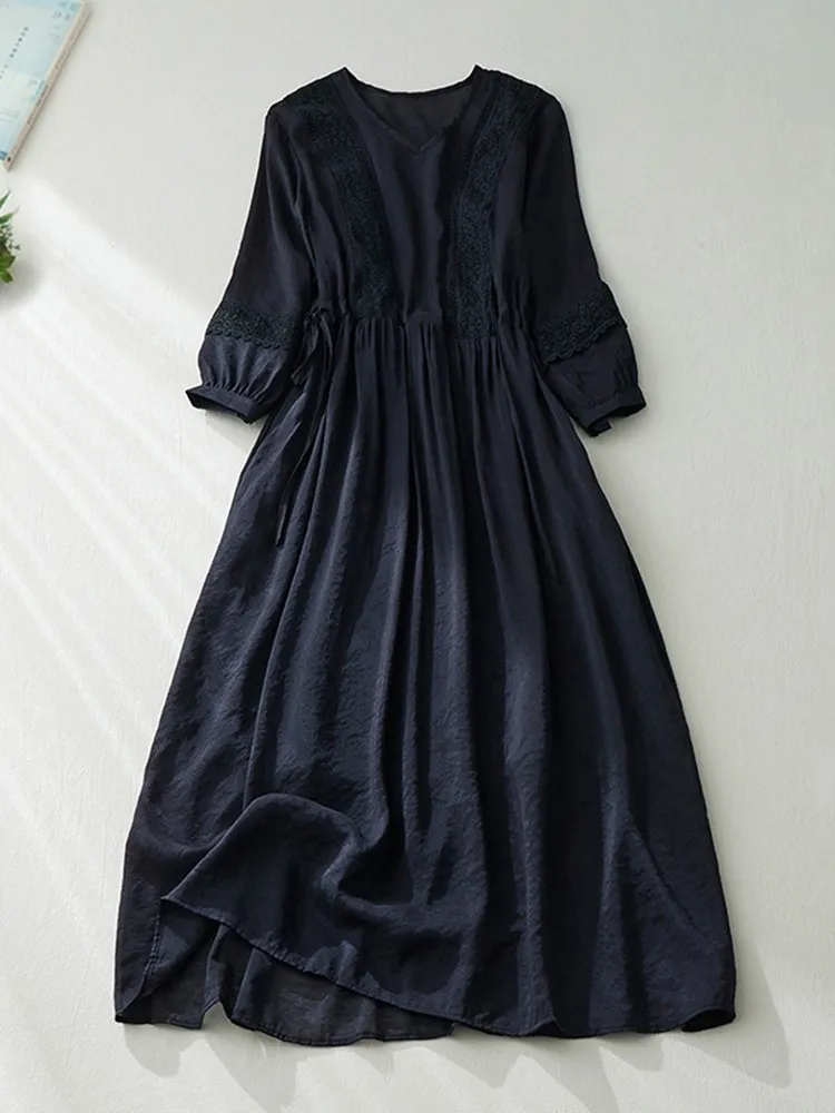 Ladies Elegant A-line Long Dress New Arrival 2022 Summer Vintage Style Solid Color Loose Comfortable Female Casual Dresses B1898